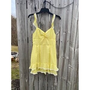 Yellow Swiss Dot Lace Trim Ruffle Mini Dress Sweetheart Neckline Sleeveless S
